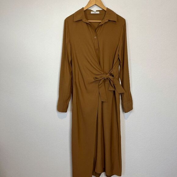 Tibi Caramel Brown Viscose Twill Tie Waist Midi Shirt Dress Women's Small - Picture 2 of 7